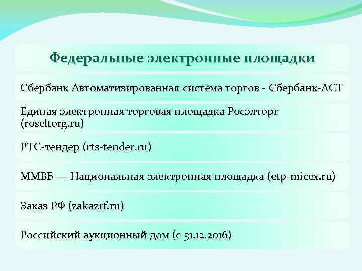 Федеральные электронные площадки Сбербанк Автоматизированная система торгов - Сбербанк-АСТ Единая электронная торговая площадка Росэлторг