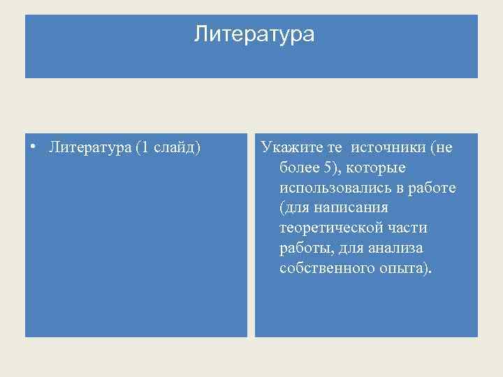 Литература • Литература (1 слайд) Укажите те источники (не более 5), которые использовались в