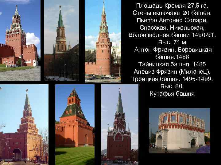 Площадь Кремля 27, 5 га. Стены включают 20 башен. Пьетро Антонио Солари. Спасская, Никольская,