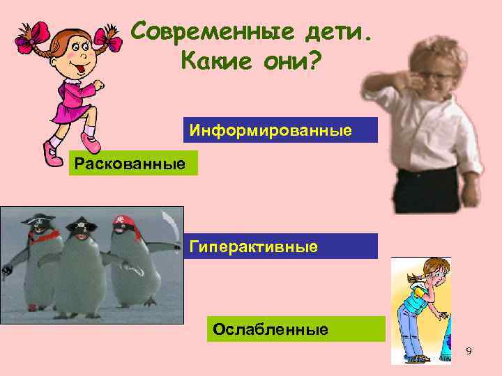 Современные дети. Какие они? Информированные Раскованные Гиперактивные Ослабленные 9 
