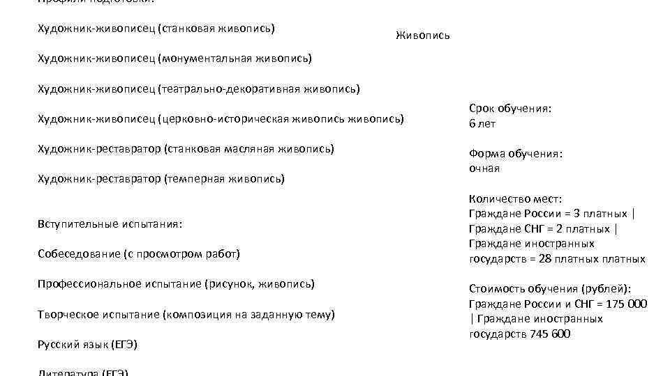 Профили подготовки: Художник-живописец (станковая живопись) Живопись Художник-живописец (монументальная живопись) Художник-живописец (театрально-декоративная живопись) Художник-живописец (церковно-историческая