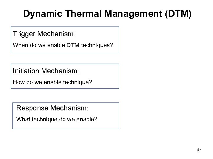 Dynamic Thermal Management (DTM) Trigger Mechanism: When do we enable DTM techniques? Initiation Mechanism: