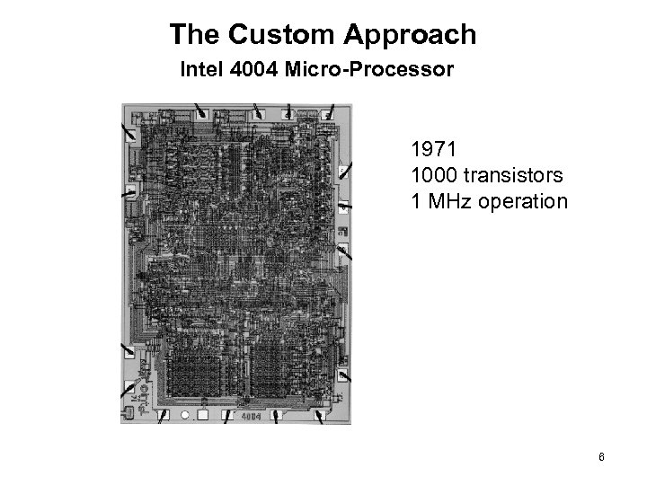 The Custom Approach Intel 4004 Micro-Processor 1971 1000 transistors 1 MHz operation 6 