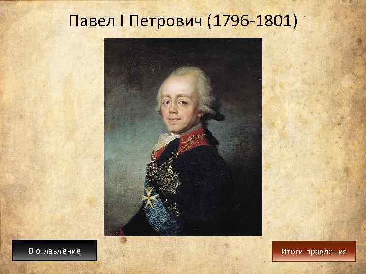 Павел I Петрович (1796 -1801) В оглавление Итоги правления 