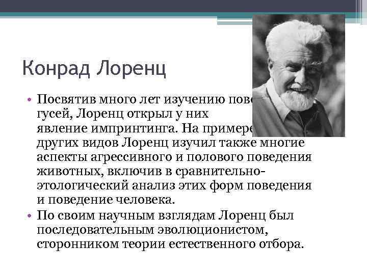 Конрад Лоренц • Посвятив много лет изучению поведения серых гусей, Лоренц открыл у них