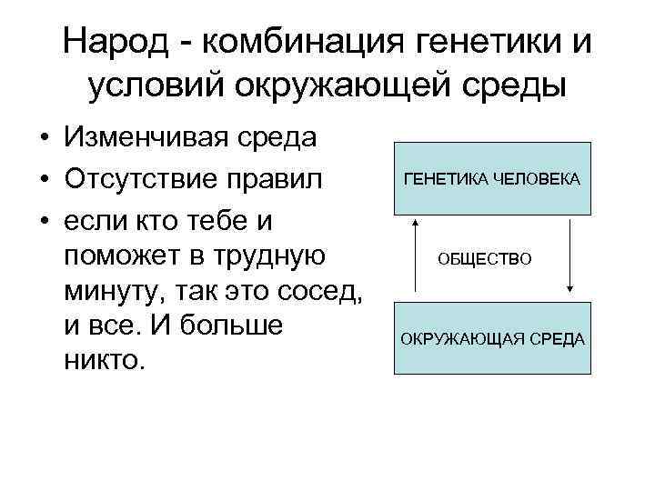 Народ - комбинация генетики и условий окружающей среды • Изменчивая среда • Отсутствие правил