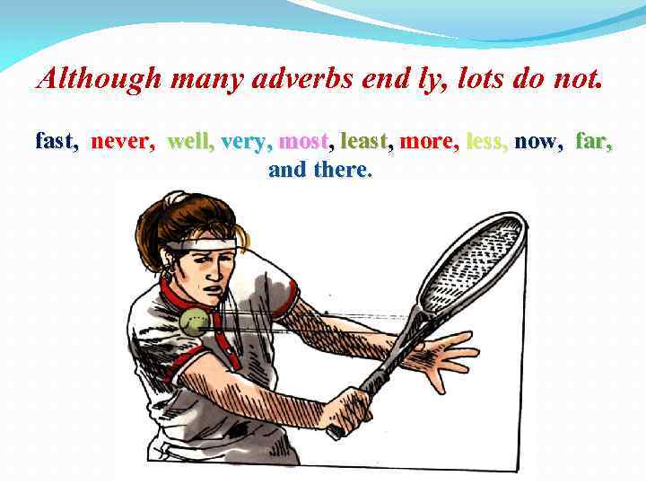 Although many adverbs end ly, lots do not. fast, never, well, very, most, least,