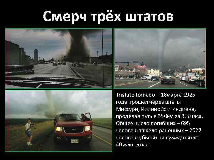Смерч трёх штатов Tristate tornado – 18 марта 1925 года прошёл через штаты Миссури,