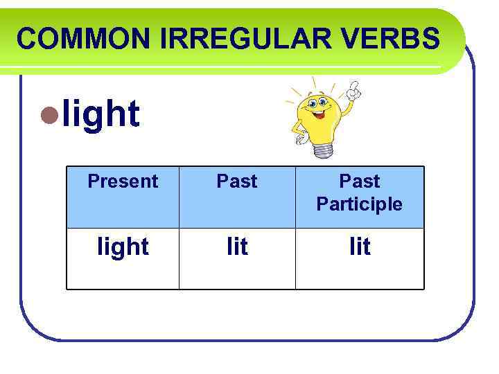 COMMON IRREGULAR VERBS llight Present Past Participle light lit 