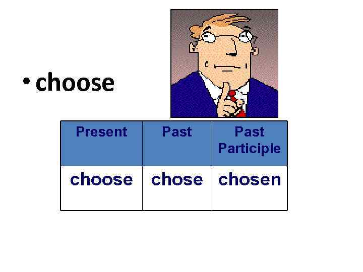  • choose Present Past Participle choose chosen 