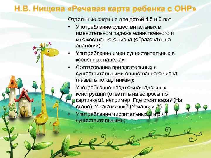 Н. В. Нищева «Речевая карта ребенка с ОНР» Отдельные задания для детей 4, 5
