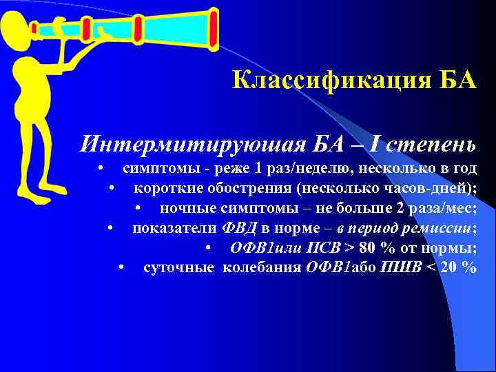 Классификация БА Интермитируюшая БА – І степень • симптомы - реже 1 раз/неделю, несколько