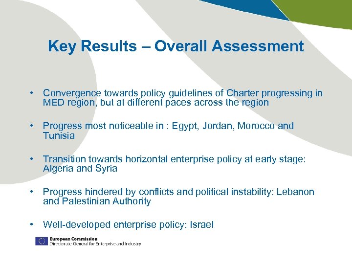 Key Results – Overall Assessment • Convergence towards policy guidelines of Charter progressing in