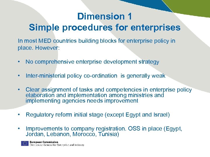 Dimension 1 Simple procedures for enterprises In most MED countries building blocks for enterprise