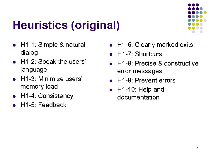 Heuristics (original) l l l H 1 -1: Simple & natural dialog H 1