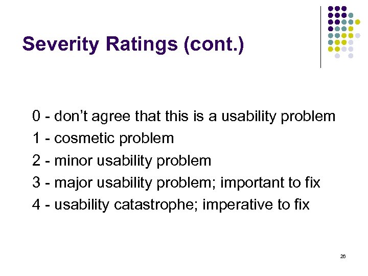 Severity Ratings (cont. ) 0 - don’t agree that this is a usability problem