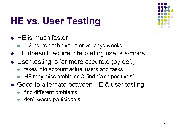 HE vs. User Testing l HE is much faster l l l HE doesn’t