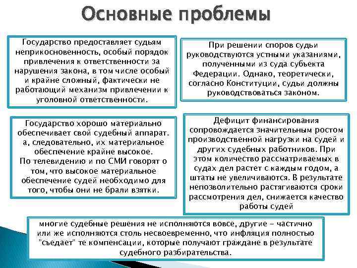 Основные проблемы Государство предоставляет судьям неприкосновенность, особый порядок привлечения к ответственности за нарушения закона,