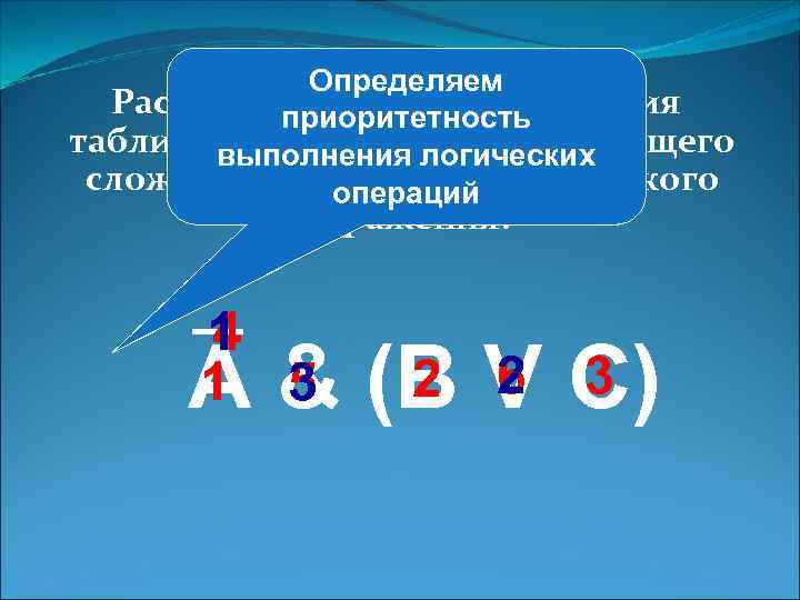 Сначала определяем Определяем Рассмотрим пример построения количество столбцов в приоритетность таблицы истинности для следующего