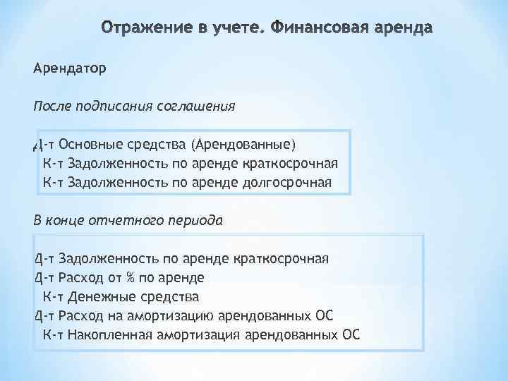 Арендатор После подписания соглашения Д-т Основные средства (Арендованные) К-т Задолженность по аренде краткосрочная К-т