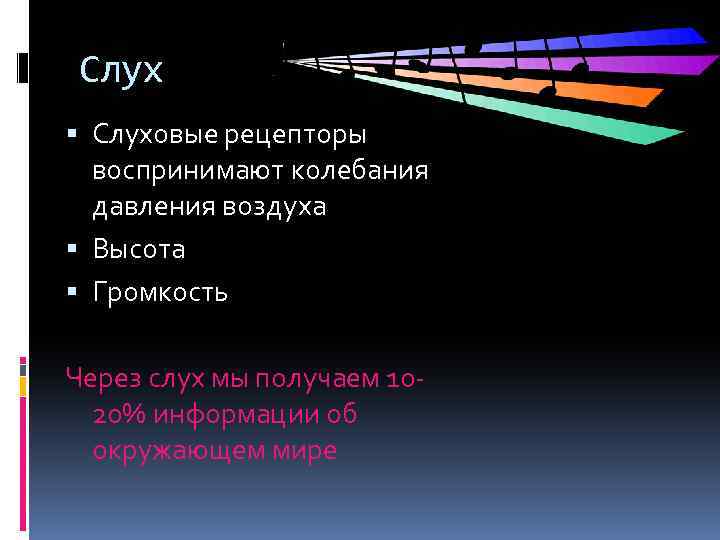 Слух Слуховые рецепторы воспринимают колебания давления воздуха Высота Громкость Через слух мы получаем 1020%