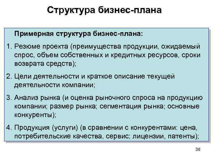 Структура бизнес-плана Примерная структура бизнес-плана: 1. Резюме проекта (преимущества продукции, ожидаемый спрос, объем собственных