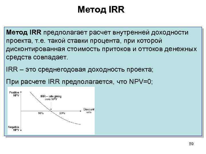 Метод IRR предполагает расчет внутренней доходности проекта, т. е. такой ставки процента, при которой