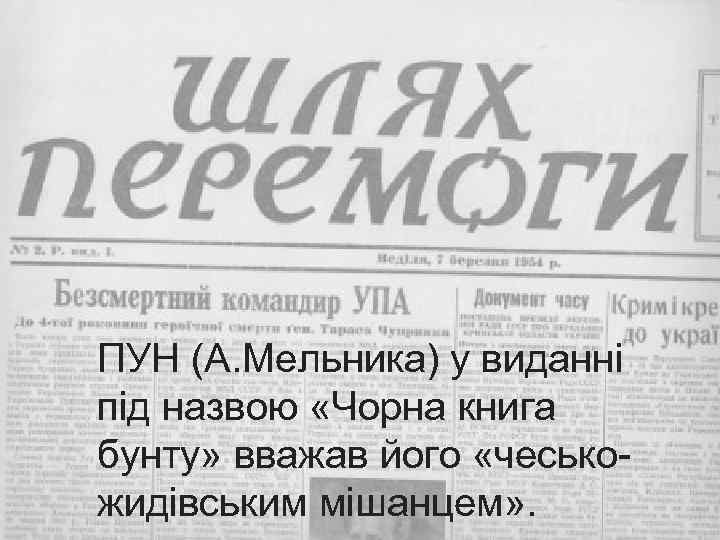 ПУН (А. Мельника) у виданні під назвою «Чорна книга бунту» вважав його «чеськожидівським мішанцем»