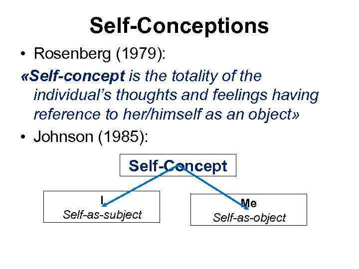 Self-Conceptions • Rosenberg (1979): «Self-concept is the totality of the individual’s thoughts and feelings