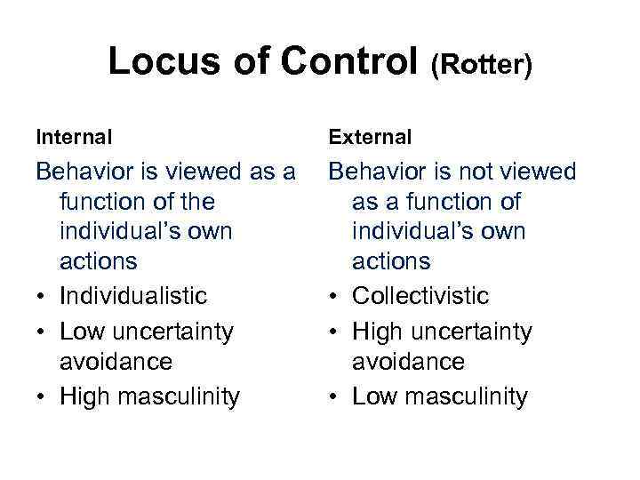 Locus of Control (Rotter) Internal External Behavior is viewed as a function of the