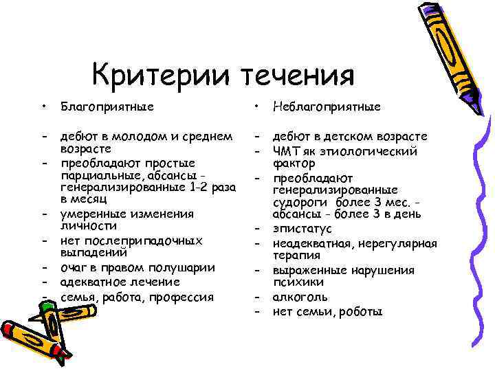 Критерии течения • Благоприятные • Неблагоприятные - дебют в молодом и среднем возрасте преобладают