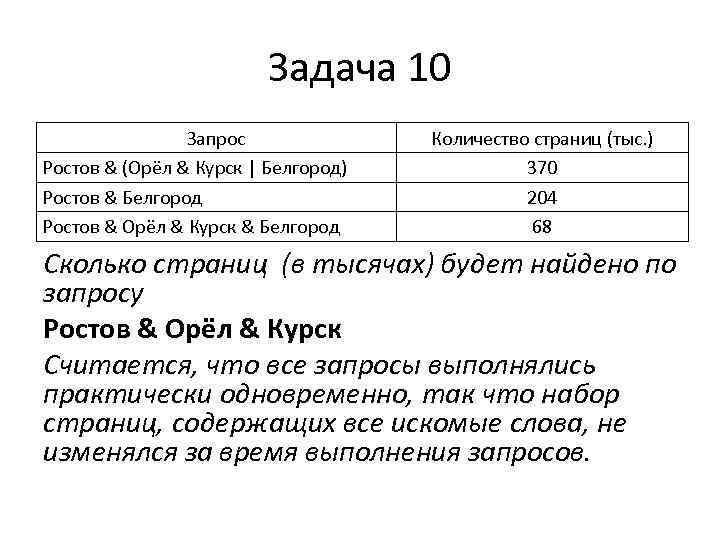 Задача 10 Запрос Ростов & (Орёл & Курск | Белгород) Ростов & Белгород Ростов