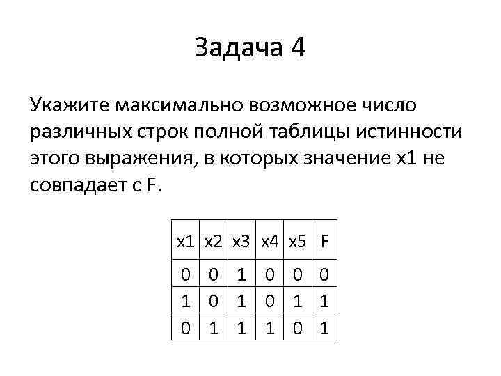 Задача 4 Укажите максимально возможное число различных строк полной таблицы истинности этого выражения, в