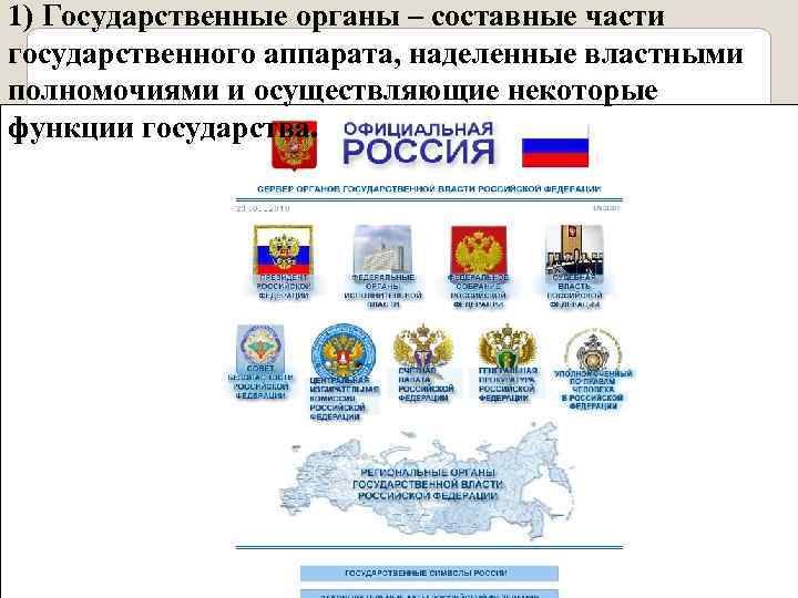 1) Государственные органы – составные части государственного аппарата, наделенные властными полномочиями и осуществляющие некоторые