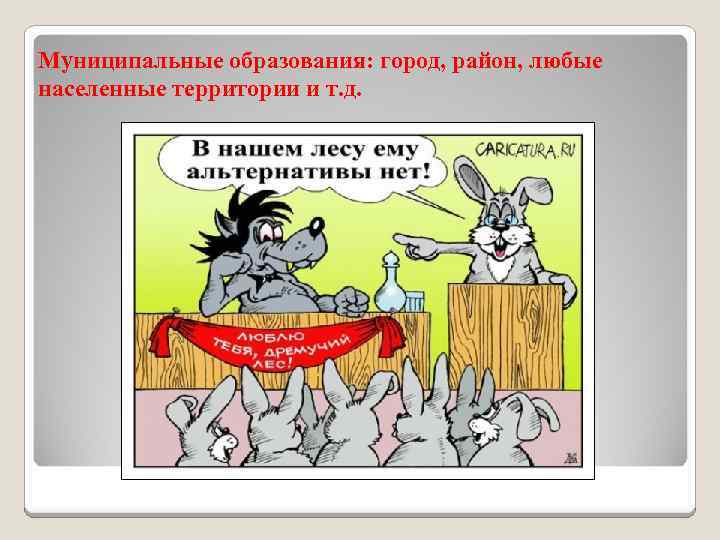 Муниципальные образования: город, район, любые населенные территории и т. д. 