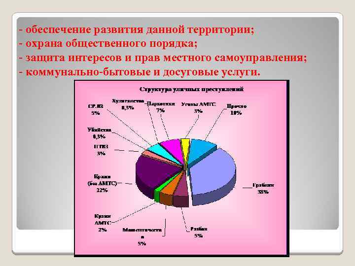 - обеспечение развития данной территории; - охрана общественного порядка; - защита интересов и прав