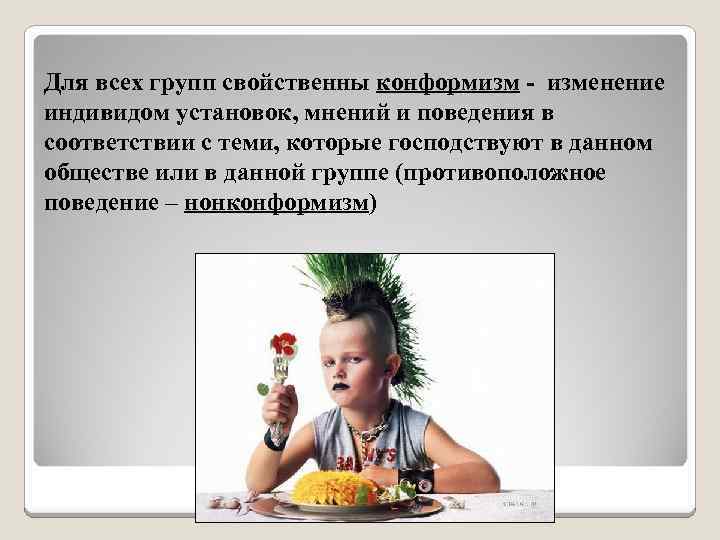 Для всех групп свойственны конформизм - изменение индивидом установок, мнений и поведения в соответствии