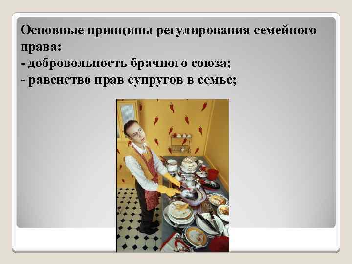 Основные принципы регулирования семейного права: - добровольность брачного союза; - равенство прав супругов в