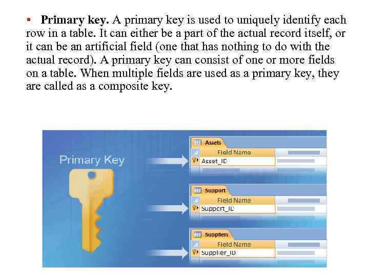 § Primary key. A primary key is used to uniquely identify each row in