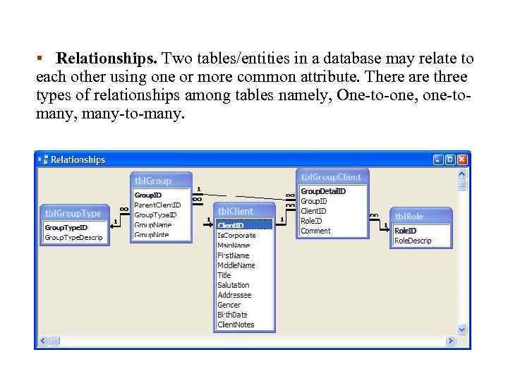 § Relationships. Two tables/entities in a database may relate to each other using one