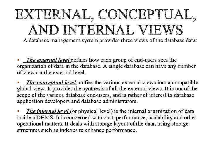 A database management system provides three views of the database data: The external level