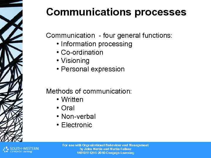 Communications processes Communication - four general functions: • Information processing • Co-ordination • Visioning