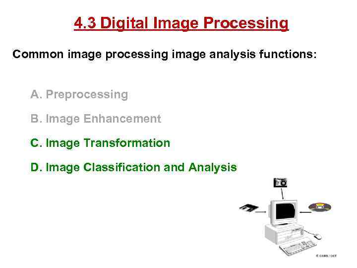 4. 3 Digital Image Processing Common image processing image analysis functions: A. Preprocessing B.