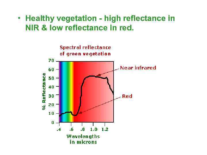  • Healthy vegetation - high reflectance in NIR & low reflectance in red.