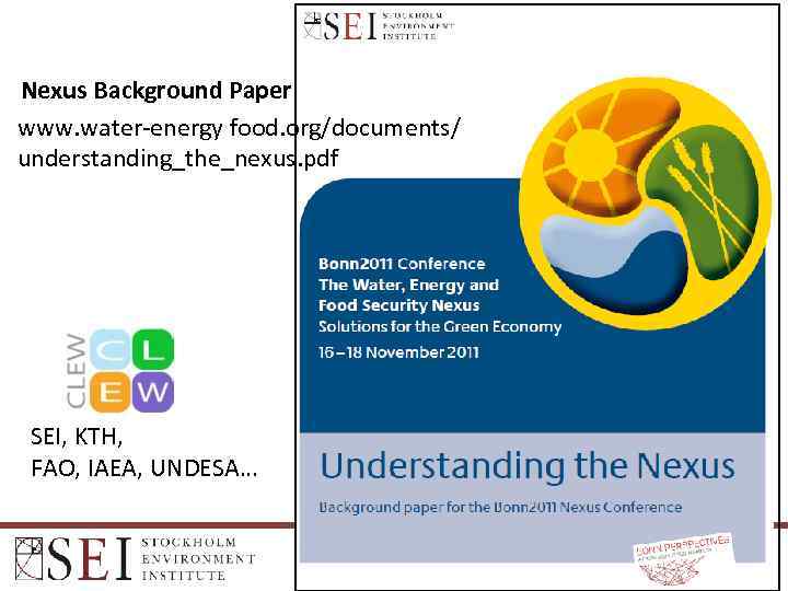 Nexus Background Paper www. water-energy food. org/documents/ understanding_the_nexus. pdf SEI, KTH, FAO, IAEA, UNDESA…