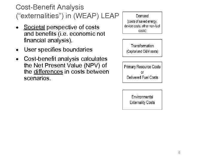 Cost-Benefit Analysis (“externalities”) in (WEAP) LEAP · Societal perspective of costs and benefits (i.