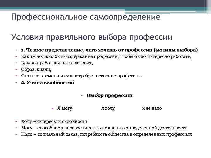 Профессиональное самоопределение Условия правильного выбора профессии • • • 1. Четкое представление, чего хочешь