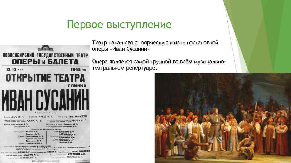 Первое выступление Театр начал свою творческую жизнь постановкой оперы «Иван Сусанин» Опера является самой