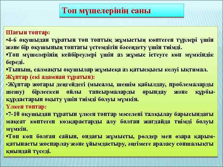 Топ мүшелерінің саны Шағын топтар: • 4 -6 оқушыдан тұратын топтық жұмыстың көптеген түрлері