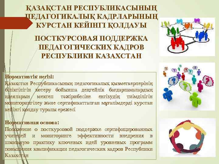 ҚАЗАҚСТАН РЕСПУБЛИКАСЫНЫҢ ПЕДАГОГИКАЛЫҚ КАДРЛАРЫНЫҢ КУРСТАН КЕЙІНГІ ҚОЛДАУЫ ПОСТКУРСОВАЯ ПОДДЕРЖКА ПЕДАГОГИЧЕСКИХ КАДРОВ РЕСПУБЛИКИ КАЗАХСТАН Нормативтік